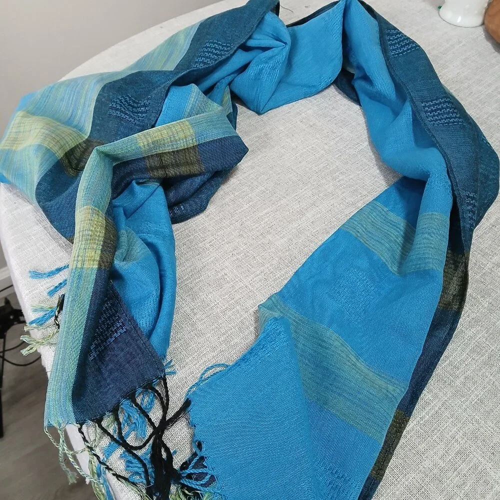 Woven Aqua, Blue Green and Black Long Scarf Shawl